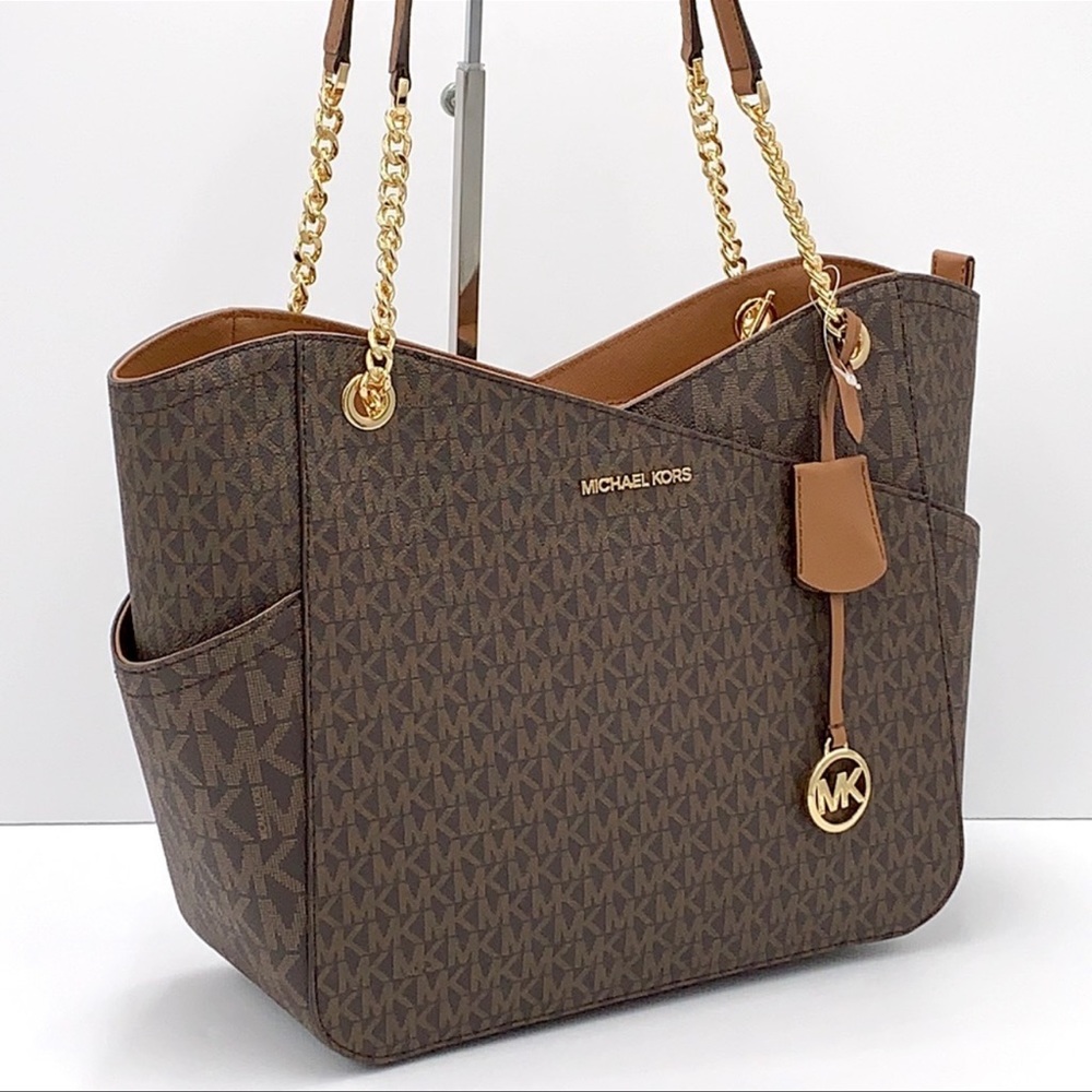 MICHAEL KORS LARGE X CHAIN LOGO SHOULDER BAG BROWN